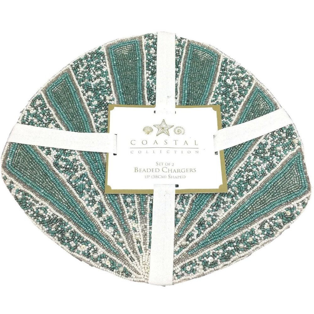 x2 Coastal Collection Beaded Seashell Placemat Set Ocean Beach Turquoise Silver
